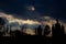 Black silhouette of church and cemetery. An ominous view of a black church with domes and crosses, a church cemetery and a dark