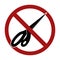 Black silhouette of closed sewing scissors in a prohibition sign. Ban on cutting. Vector object