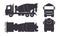 Black silhouette of concrete mixer truck. Side, top, front and back views. Isolated lorry blueprint. Industrial drawing