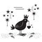 Black silhouette cute bird standing with heart ornament, crown and some stars on white