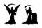 Black silhouette of death with scythe. Statue of dark angel on gothic cemetery. Halloween symbol. Isolated image