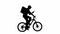 Black silhouette of delivery man with portable backpack talking on smartphone riding a bicycle isolated on white