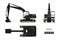 Black silhouette of excavator. Top, side and front view. Diesel digger blueprint. Hydraulic machinery image