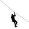 Black silhouette extreme rope descent attraction, man descends down the cable car