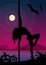Black silhouette of female pole dancer performing pole moves in front of river and full moon at Halloween night