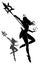 A black silhouette of a female sorceress floating in the air gracefully swinging her patterned staff, she holds a sphere of magic