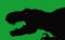 Black silhouette of a ferocious tyrannosaurus on a green background.