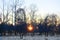 Black silhouette of Ferris wheel , winter park, sunset, evening amusement park
