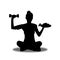 Black silhouette of a fitness girl having food in one hand and dumbbells, first exercise than food