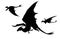 A black silhouette of a flock of horned dragons peacefully flying across the sky on their huge clawed wings, webbing on their