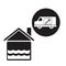 Black silhouette flooded house icon with circular frame with service vehicle inside