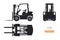Black silhouette of forklift. Top, side and front view. Hydraulic machinery blueprint. Industrial isolated loader