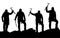Black silhouette of four climbers with ice axe in hand
