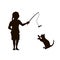 Black silhouette. Girl play with cat. Isolated child playing with kitty. Pet game. Cute friendship