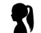 Black silhouette of a girl`s head. Child profile. Long hair pulled in a ponytail. Female silhouette. Drawing isolated on a white