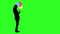 Black silhouette of the girl with three colored balloons on a green screen background.