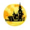 Black silhouette of a gothic castle on the background of a yellow moon. Hand drawn watercolor illustration isolated on