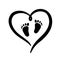 Black silhouette of heart baby footprint. Sign of love for newborn. Vector simple illustration of silhouette of heart