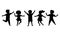 Black silhouette joyful children jump together. Kids playing. Happy childhood of boys and girls. Isolated vector illustration on