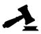 Black silhouette of judge wood hammer. Gavel in cartoon style. Ceremonial mallet for auction, judgment. Vector illustration isolat