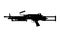 Black silhouette of machine gun on white background. Automatic weapon of army. Isolated image. Military ammunition