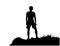 Black silhouette of man standing on the top of the hill, enjoying beautiful view. Illustration.