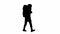 Black silhouette of a man on white isolated background. A traveler with a backpack on his back is hiking. Hiking trek