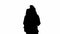 Black silhouette of a man on white isolated background. A traveler with a backpack on his back is hiking. Hiking trek