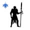 Black silhouette of medieval knight with spear . Fantasy character. Games icon of paladin. Isolated drawing of warrior