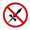 Black silhouette of a medieval sword in a red forbidden sign. The danger of war. Prohibition of violence