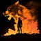 Black silhouette of a men against the background of a large fiery silhouette of a wolf