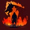 Black silhouette of a men against the background of a large fiery silhouette of a wolf
