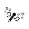 Black silhouette of microphone with music signs. Simple icon. Holiday decorative element. Vector illustration for design.