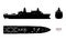 Black silhouette of military ship. Top, front and side view. Battleship. Industrial drawing of boat. Warship USS