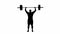 Black silhouette of muscular man lifting heavy barbell with round black disks of weights. Bodybuilder pushing rod and