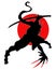 Black silhouette of a ninja with a katana in a dynamic pose on the red background of the sun