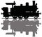 The black silhouette of an old steam locomotive