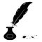 Black silhouette of a pen, inkwell and blots. For banner, poster, flyer, postcard