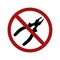 Black silhouette of pliers in red prohibition sign. The ban on noise and repairs. Icon isolated on a white background. Vector