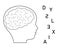 Black silhouette profile of child with brain and scattered letters of the word dyslexia. Speech impairment. Flat vector