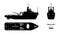 Black silhouette of rescue ship. Top, side and front view. Industry blueprint. Isolated drawing of boat