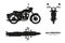 Black silhouette of retro classic motorcycle. Side, top and front view. Drawing of vintage motorbike on white background