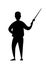 Black silhouette. Senior teacher, professor standing in front, and holds pointer with book. Cartoon character design. Flat 