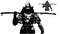 The black silhouette of a sinister samurai demon warrior in a helmet with a huge rusty katana and broken armor, on his chest the