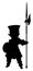 The black silhouette of a small, eared guardian warrior with a long halberd and a round buckler shield, he has a tall hat, a big