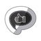 black silhouette sticker of pixel thumb up inside on speech bubble