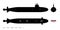 Black silhouette of submarine. Military ship. Top, front and side view. Battleship model. Industrial drawing. Warship