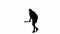 Black silhouette of thief on isolated white background. A male robber in hoodie and balaclava walks with a wooden club