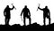 Black silhouette of three climbers with ice axe in hand