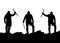 Black silhouette of three climbers with ice axe in hand